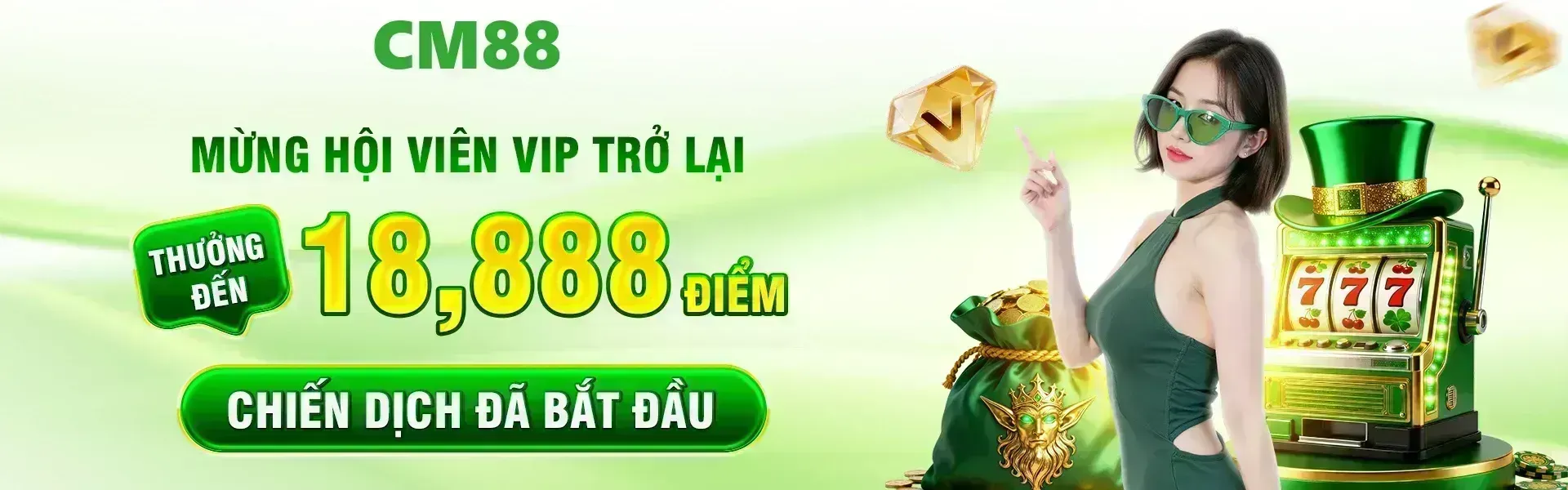 Phiên bản 14: Trong thời gian khuyến mãi, hội viên VIP tái gia nhập CM88 sẽ có cơ hội nhận phần thưởng tối đa 18,888 điểm theo các điều khoản của chương trình.